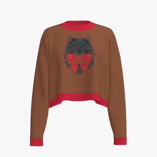 Cat In Bow Women's Crew Neck Cropped Pullover Caramel