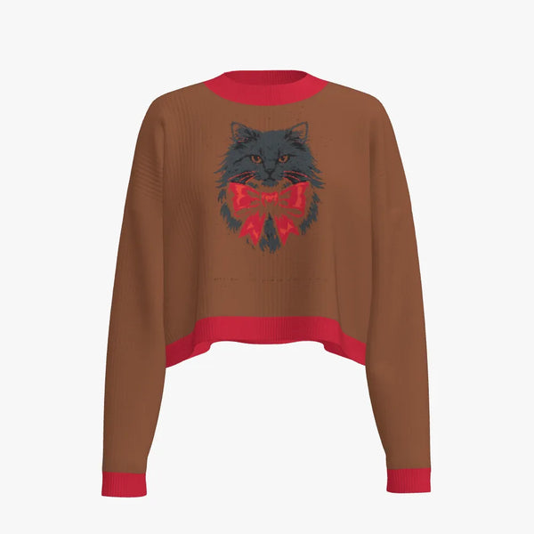 Cat In Bow Women's Crew Neck Cropped Pullover Caramel