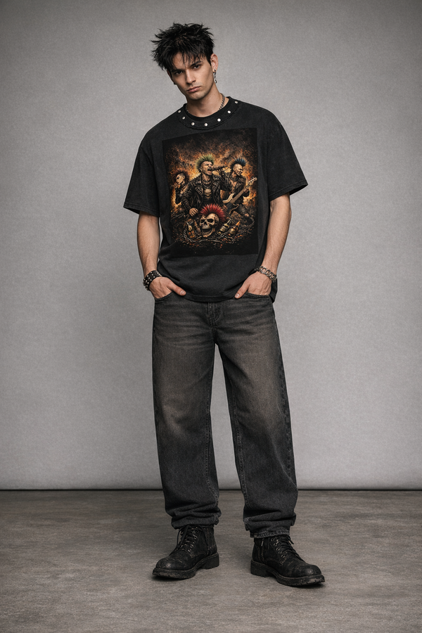 Punk Rock Band Men's Washed Boxy Studded T-shirt Black