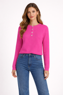 Solid Colour Women's Boxy Henley Cashmere Pullover Flower Show