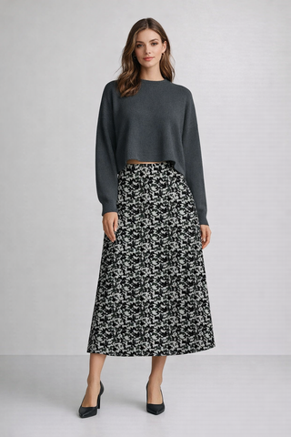 Black & Grey Animal Print Neoprene Full Skirt Multi