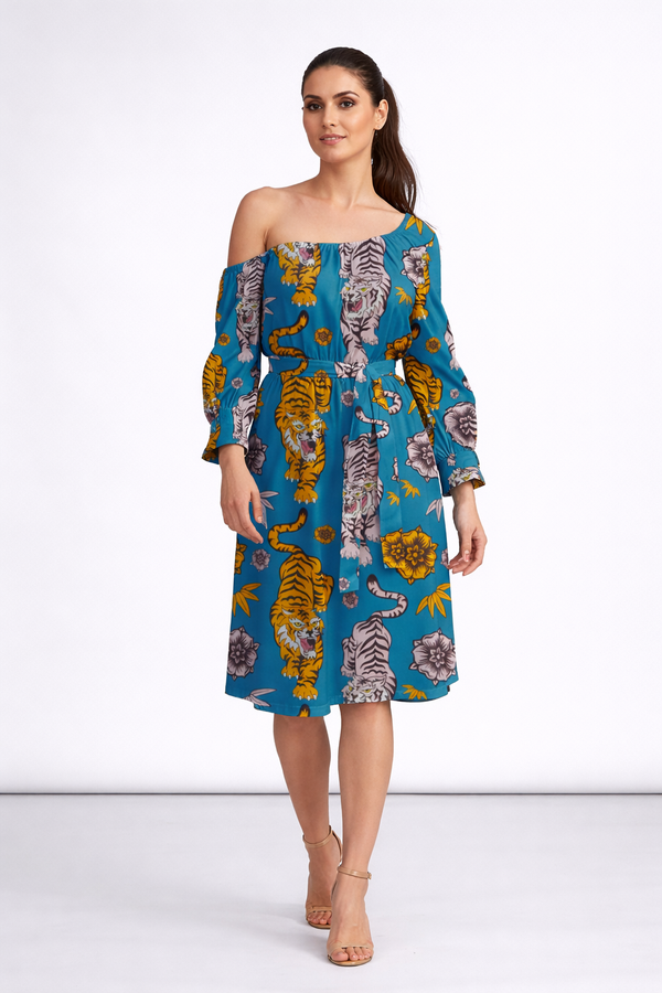 Roaring Tigers Women's Off-Shoulder Dress With Belt Mid Petrol