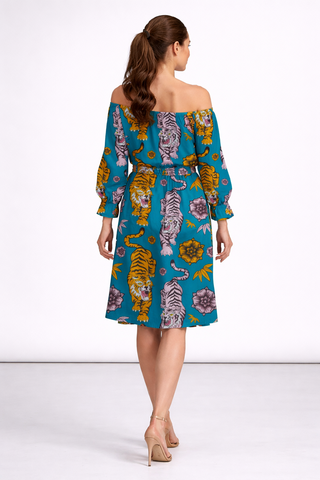 Roaring Tigers Women's Off-Shoulder Dress With Belt Mid Petrol