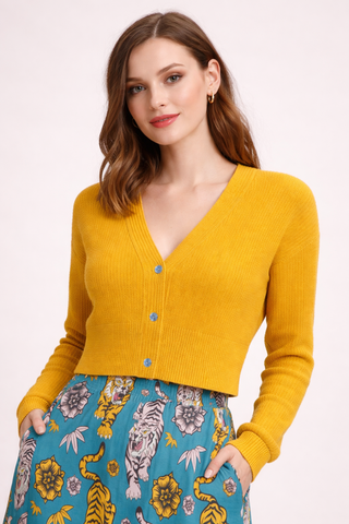 Solid Colour Women's Cropped Drop Shoulder Cardigan Gold