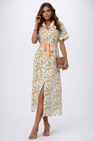 Multicoloured Watercolour Flowers Women's Shirt Dress With Waist Tie Glint Peach