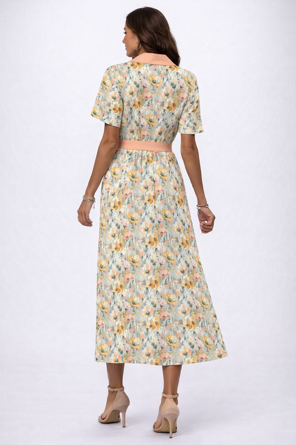 Multicoloured Watercolour Flowers Women's Shirt Dress With Waist Tie Glint Peach
