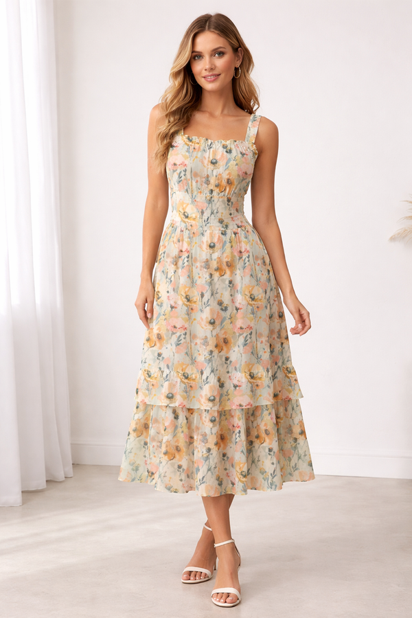 Multicoloured Watercolour Flowers Ruffle Hem Dress Multi