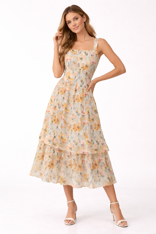 Multicoloured Watercolour Flowers Ruffle Hem Dress Multi