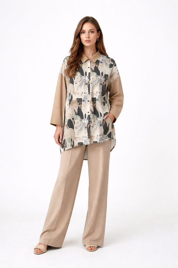 Beautiful Horses Women's Chiffon Shirt with Elbow Sleeves Golden Beige
