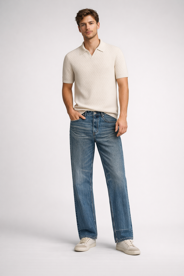 Solid Colour Mens V-neck Polo Buttermilk