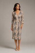 Earthy Floral Women's 3/4 Sleeve Wrap Dress Pale Champagne