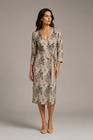 Earthy Floral Women's 3/4 Sleeve Wrap Dress Pale Champagne