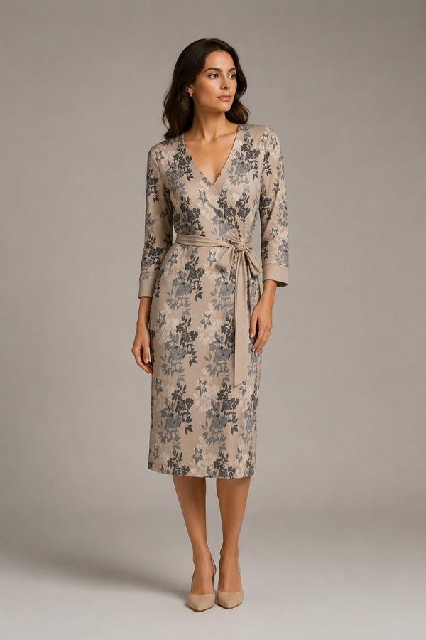 Earthy Floral Women's 3/4 Sleeve Wrap Dress Pale Champagne