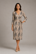 Earthy Floral Women's 3/4 Sleeve Wrap Dress Pale Champagne