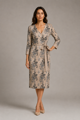Earthy Floral Women's 3/4 Sleeve Wrap Dress Pale Champagne