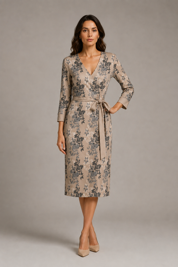 Earthy Floral Women's 3/4 Sleeve Wrap Dress Pale Champagne