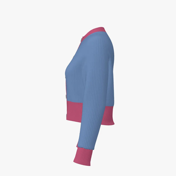 Two Tone Women's Merino Wool Cropped Cardigan Dusk Blue & Rouge
