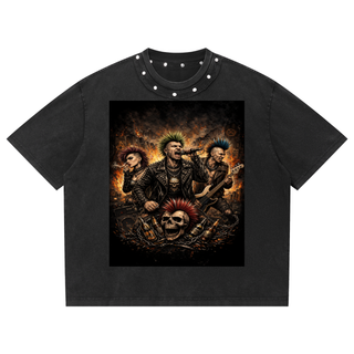 Punk Rock Band Men's Washed Boxy Studded T-shirt Black