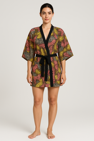ABSTRACT ANIMAL PRINT KIMONO ROBE MULTI