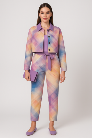 ABSTRACT PLAID WOMEN'S BELTED TAPERED PANTS ORCHID
