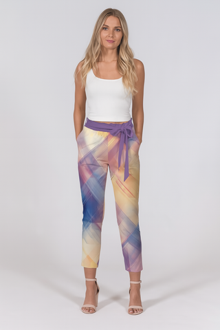 ABSTRACT PLAID WOMEN'S BELTED TAPERED PANTS ORCHID