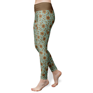 iced blue & gold flowers Women's High Waist Yoga Leggings bronzed gold
