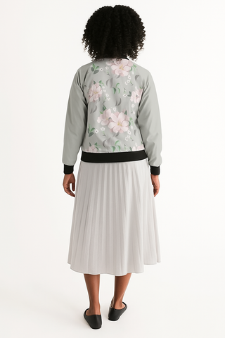 BEAUTIFUL FLORAL PATTERN WOMEN BOMBER JACKET PLATINUM SILVER