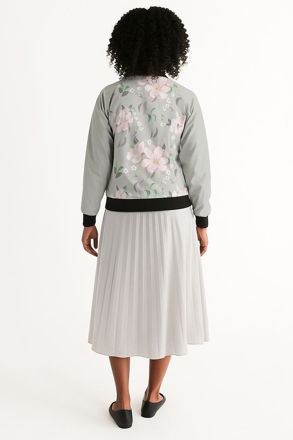 BEAUTIFUL FLORAL PATTERN WOMEN BOMBER JACKET PLATINUM SILVER