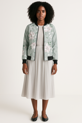 BEAUTIFUL FLORAL PATTERN WOMEN BOMBER JACKET PLATINUM SILVER