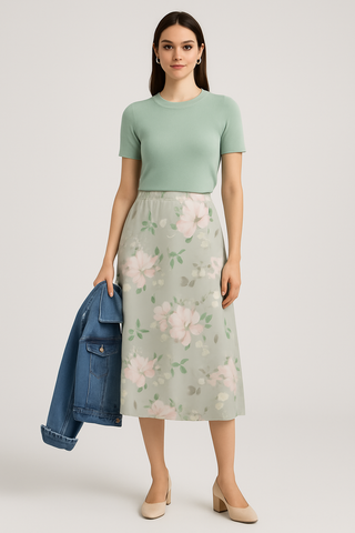BEAUTIFUL FLORAL PATTERN WOMEN'S A-LINE SKIRT PLATINUM SILVER