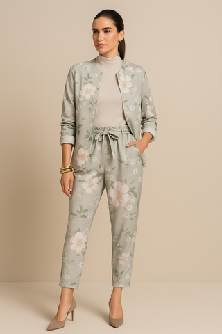 BEAUTIFUL FLORAL PATTERN WOMENS BELTED TAPERED PANTS PLATINUM SILVER