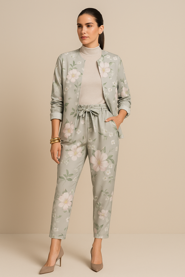 BEAUTIFUL FLORAL PATTERN WOMENS BELTED TAPERED PANTS PLATINUM SILVER
