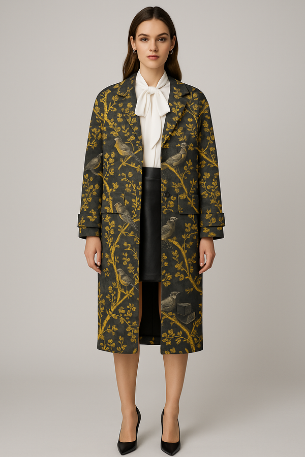 BLACK & GOLD BIRD TOILE WOMEN'S NEOPRENE TRENCH COAT MULTI
