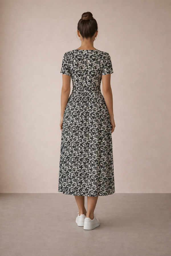 Black & Grey Animal Print Women's Short Sleeve V-neck Midi Dress Multi