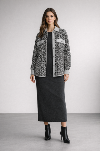 Black & Grey Animal Print Women's Merino Wool Shacket Light Pale Grey