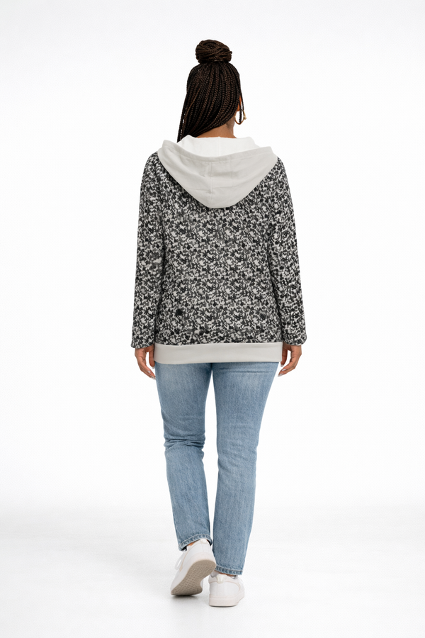 Black & Grey Animal Print Women's Hoodie With Double Hood Pale Light Grey