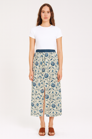 Blue & Cream Floral Women's Front Mid-slit Skirt Violet Indigo