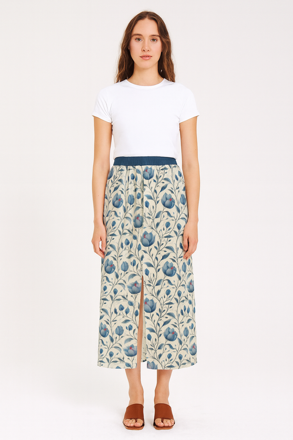 Blue & Cream Floral Women's Front Mid-slit Skirt Violet Indigo