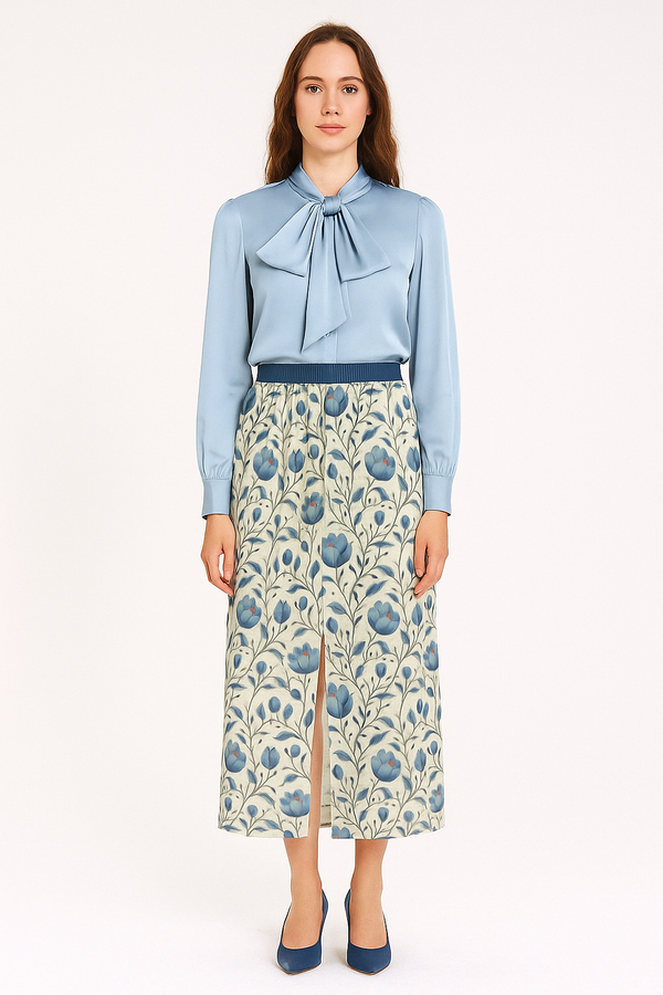 Blue & Cream Floral Women's Front Mid-slit Skirt Violet Indigo