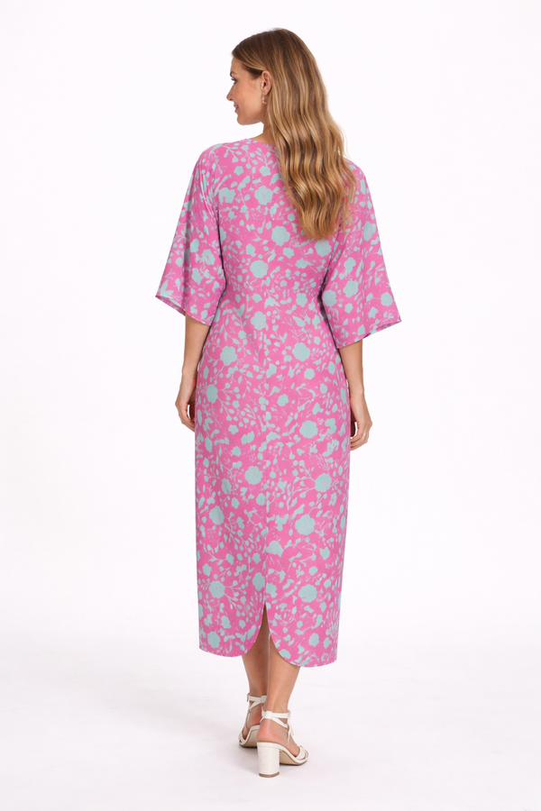 Blue On Pink Flowers Women's Long Dress Bright Flamingo Pink