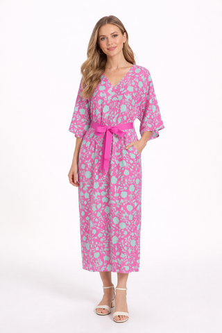 Blue On Pink Flowers Women's Long Dress Bright Flamingo Pink