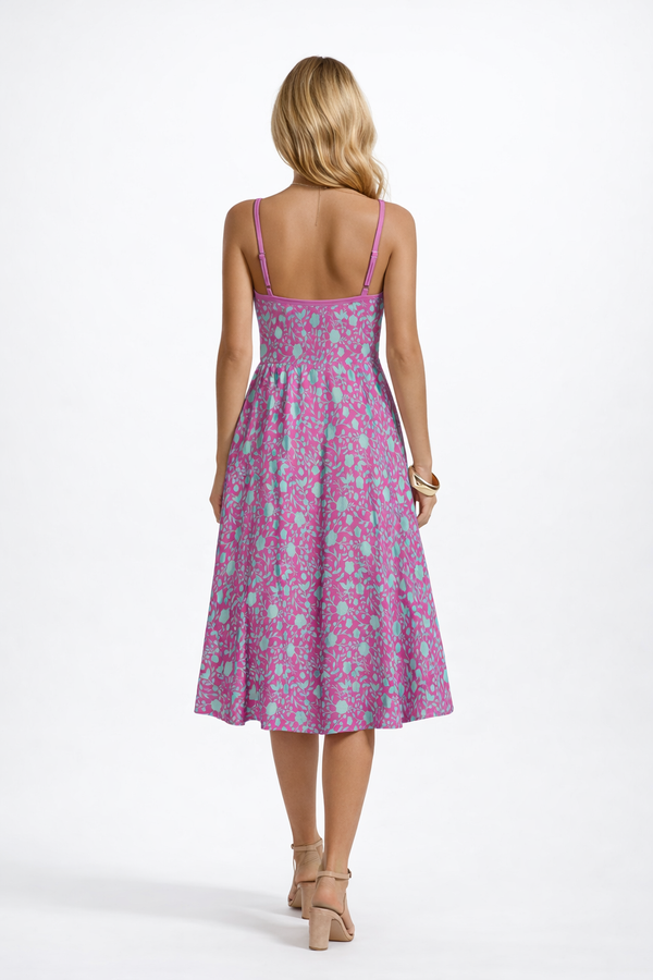 Blue On Pink Flowers Women's Spaghetti Strap Dress Bright Flamingo Pink