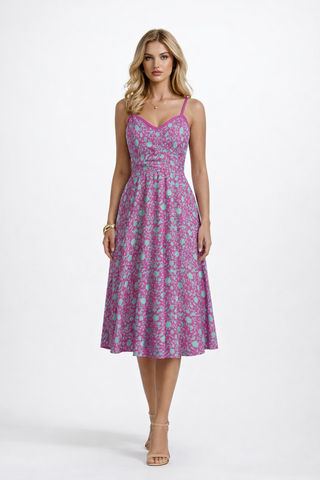 Blue On Pink Flowers Women's Spaghetti Strap Dress Bright Flamingo Pink