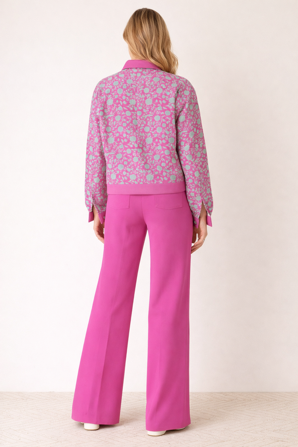 Blue On Pink Flowers Women's Lapel Jacket Bright Flamingo Pink