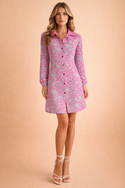 Blue On Pink Flowers Women's Long Sleeve Shirt Dress Bright Flamingo Pink
