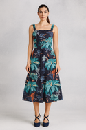 BLUE & ORANGE FLORAL WOMEN'S RUFFLE HEM DRESS MULTI