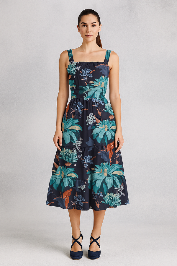 BLUE & ORANGE FLORAL WOMEN'S RUFFLE HEM DRESS MULTI