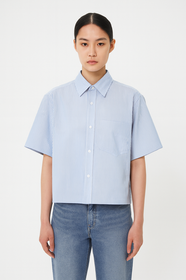 Fashion Women's Oversized Vertical Stripe Boxy Shirt Blue