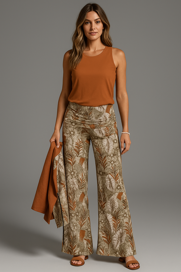 BOHEMIA LEOPARDS WOMEN'S HIGH WAIST WIDE LEG PANTS ORANGE BRONZE