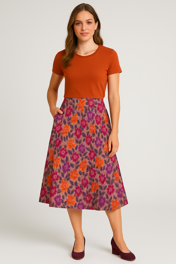 BRIGHT FLOWERS ELASTIC WAIST POCKET MIDI SKIRT MULTI